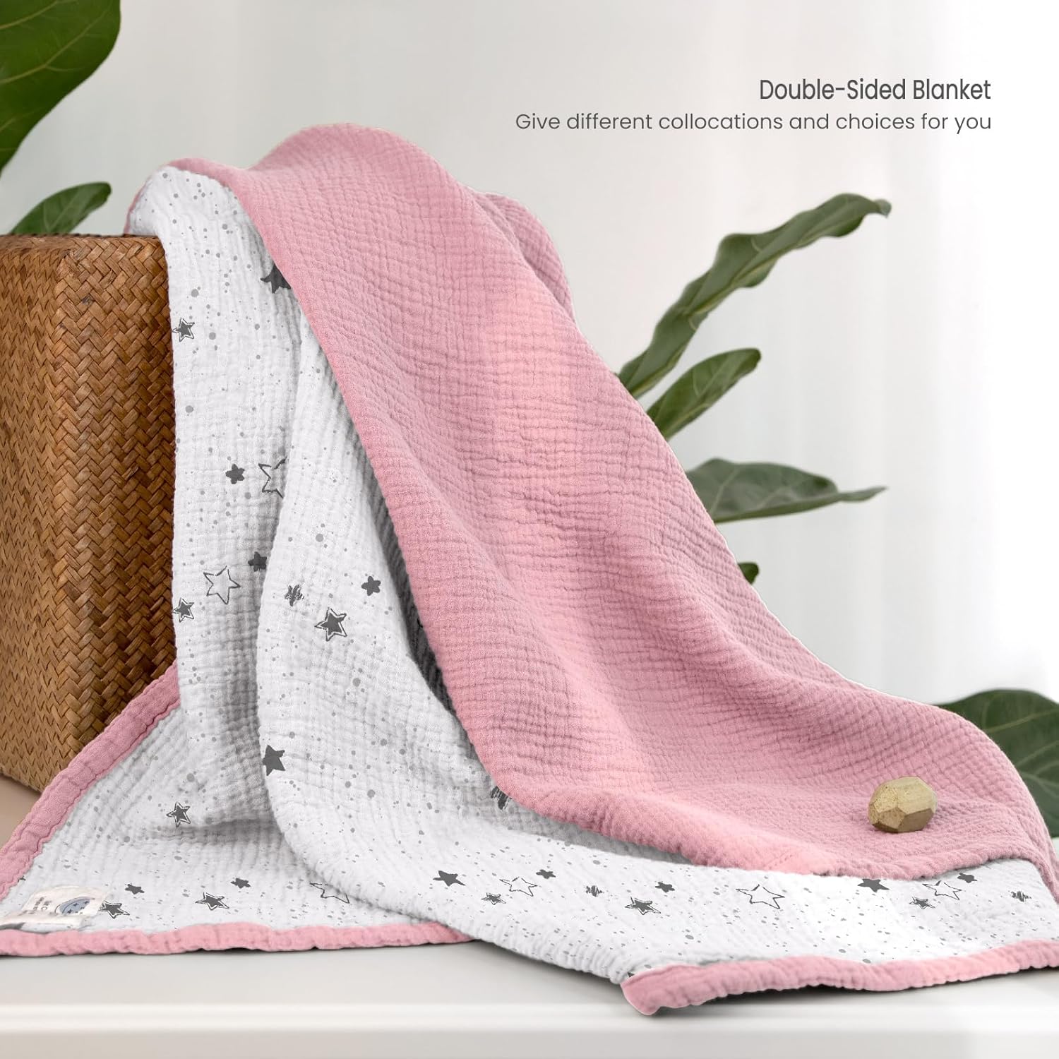 Lulumoon Muslin Baby Blanket - Reversible Cotton Quilt for Toddlers Pink Star