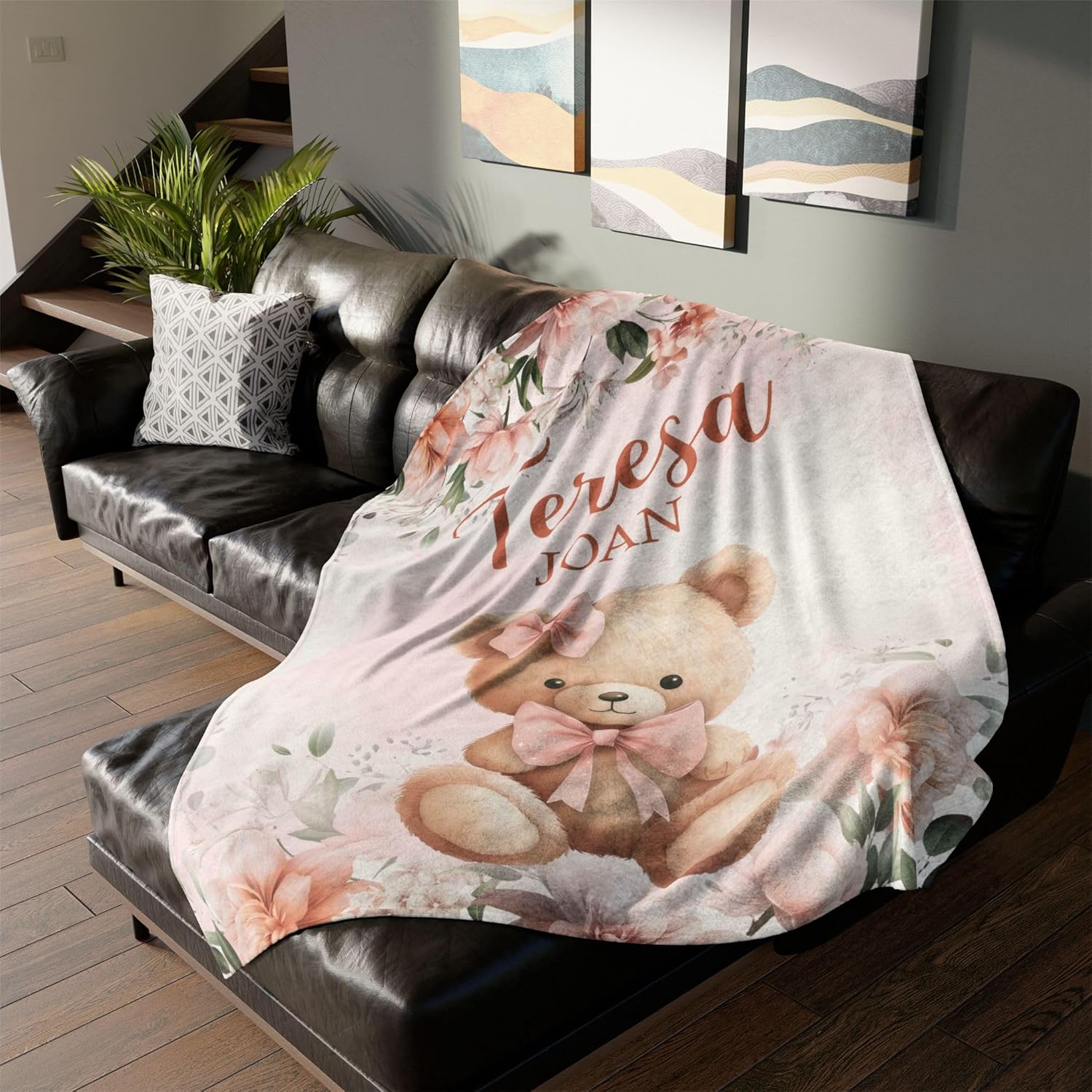 Personalized Pink Bear Baby Blanket with Name 1