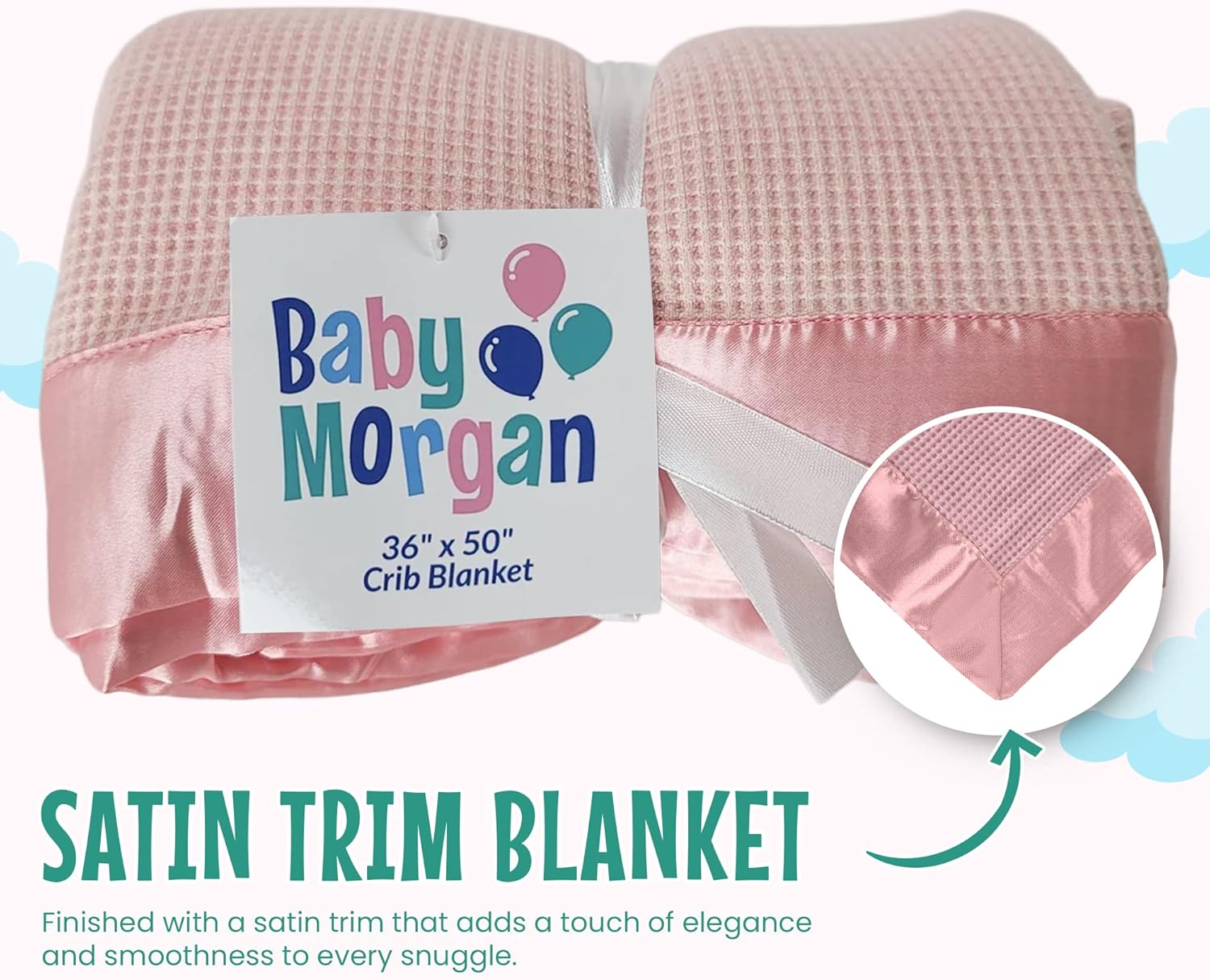 Baby Morgan Thermal Waffle Blanket - Soft Cozy Crib Blanket with Satin Trim