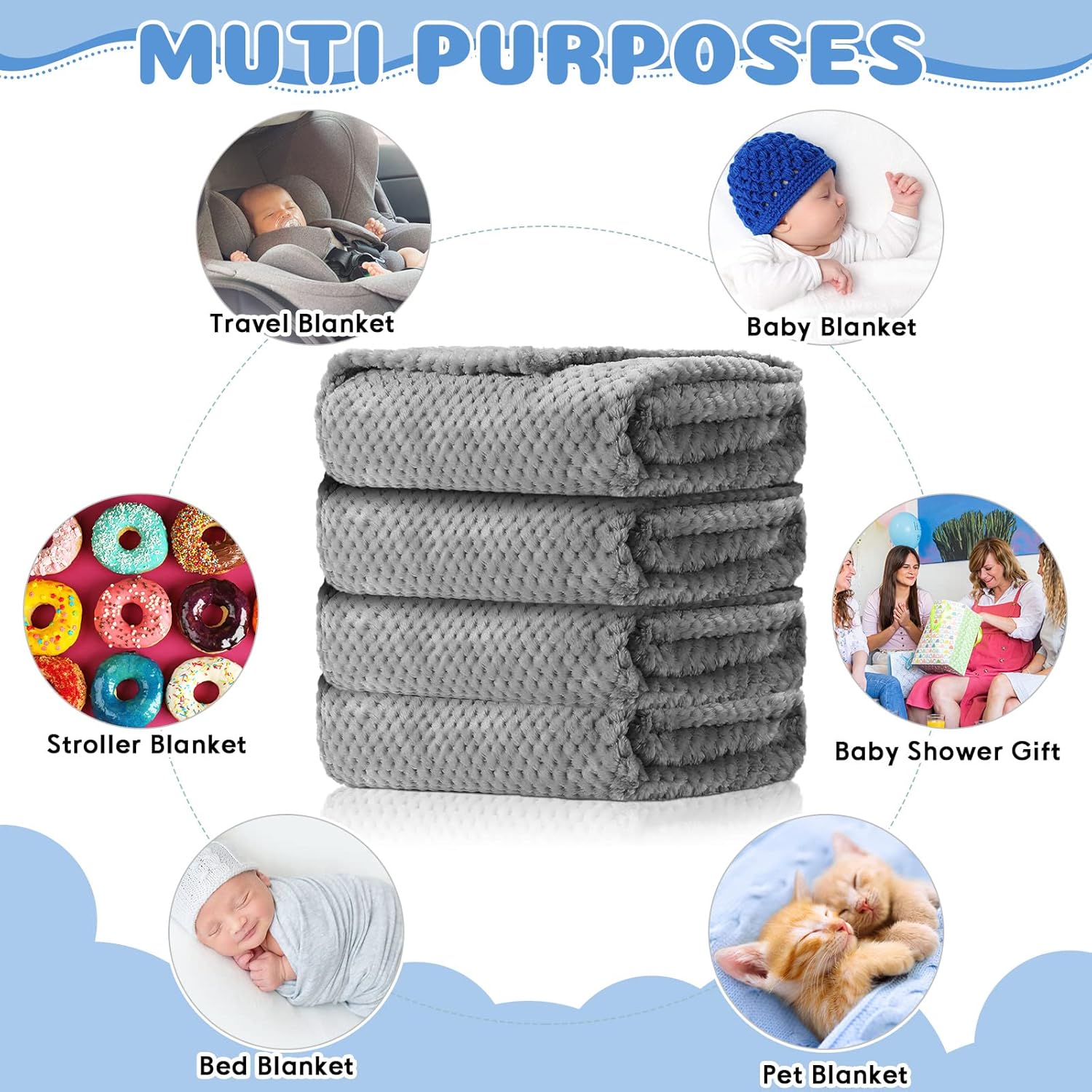 Reginary Fuzzy Waffle Flannel Blanket Set 4 Pack