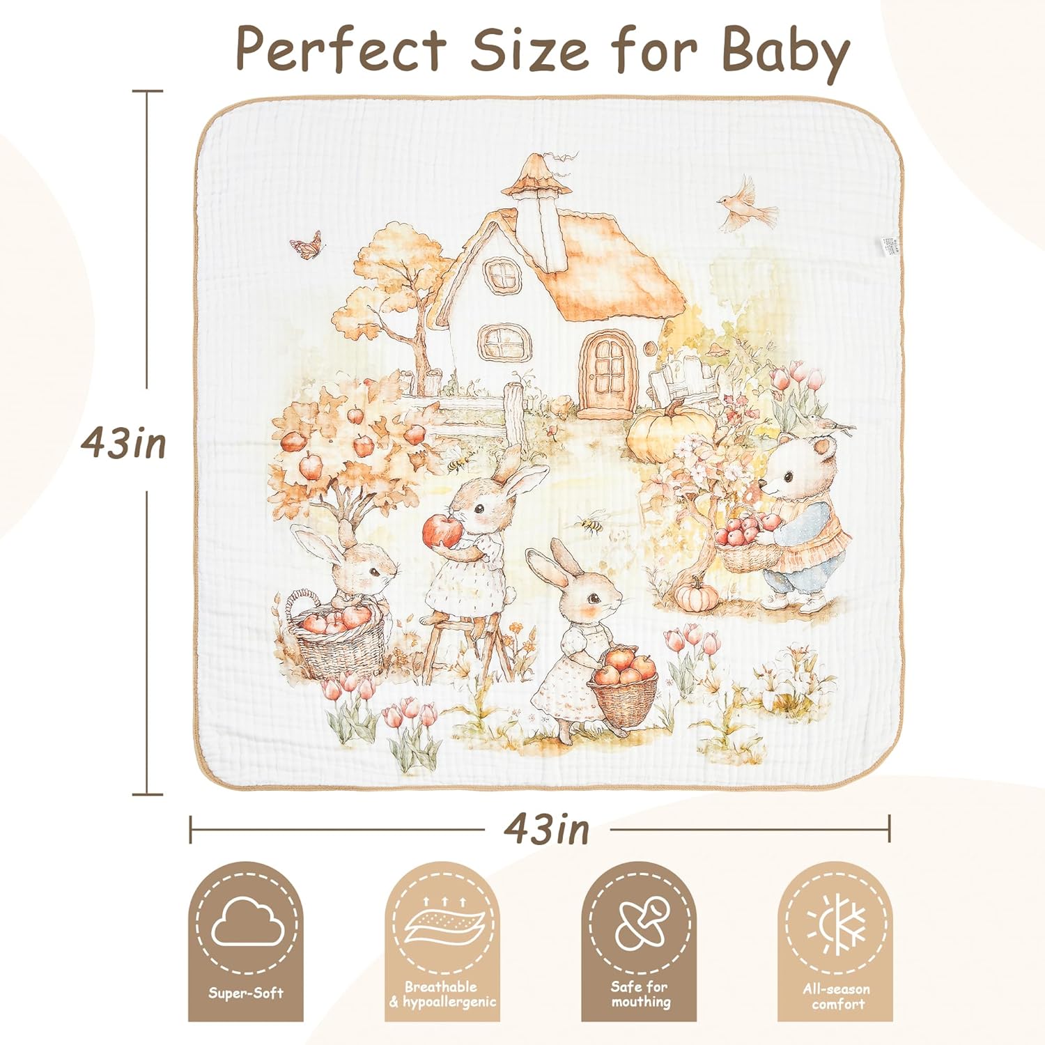 ROSE FEATHER 6-Layer Muslin Baby Blanket with Rabbit Print