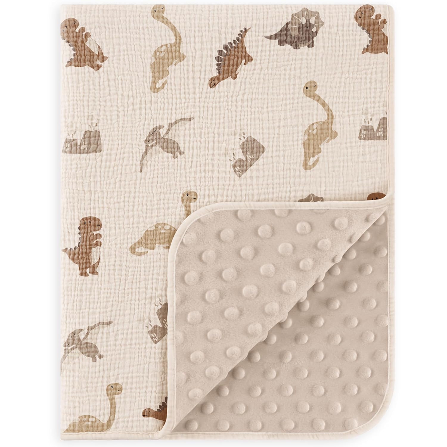 Susurration Baby Blanket Dinosaur Soft Minky with Muslin Cotton and Dotted Fleece Back