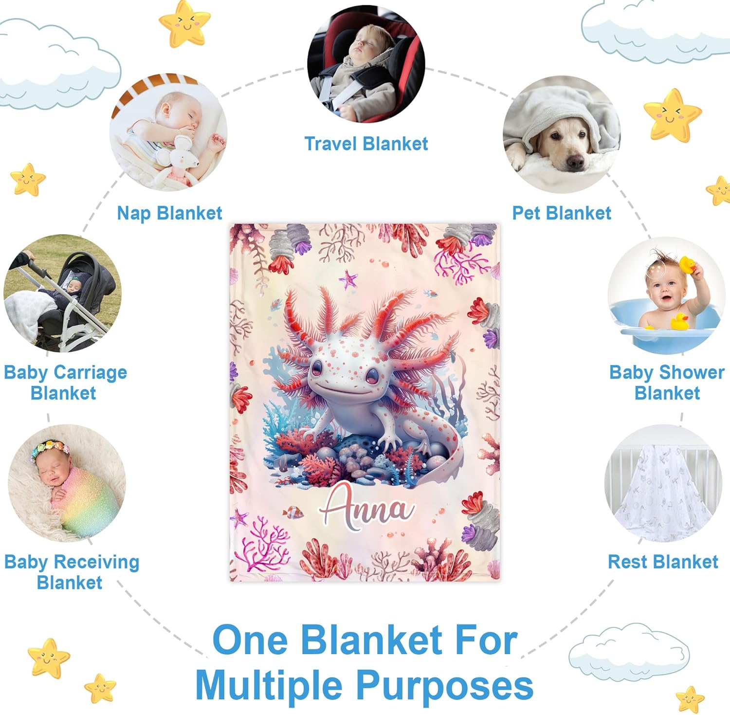 Hyturtle Personalized Axolotl Baby Blanket - Soft Cozy Plush Gift for Newborn