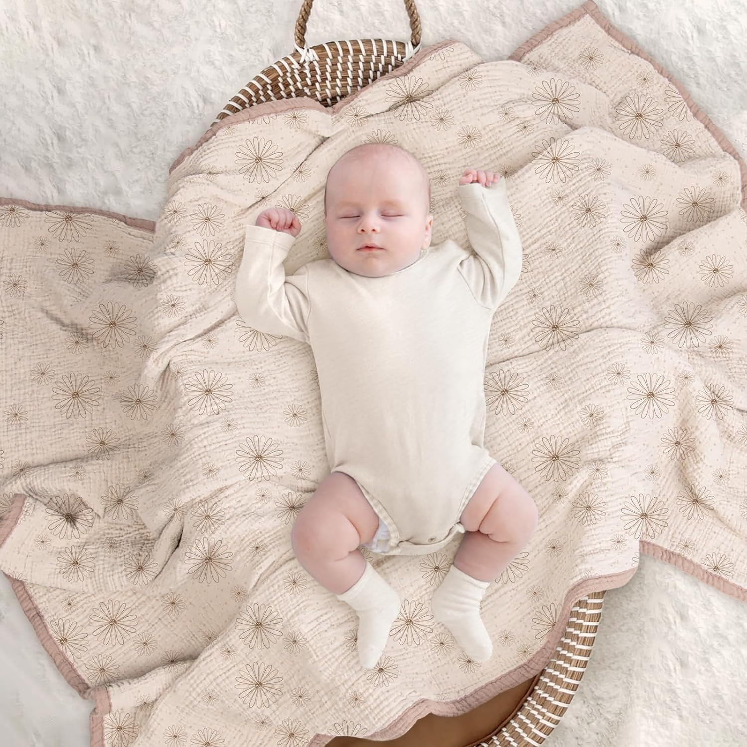 Lulu Moon Muslin Blanket Sand Daisy Print 47x47 Inches