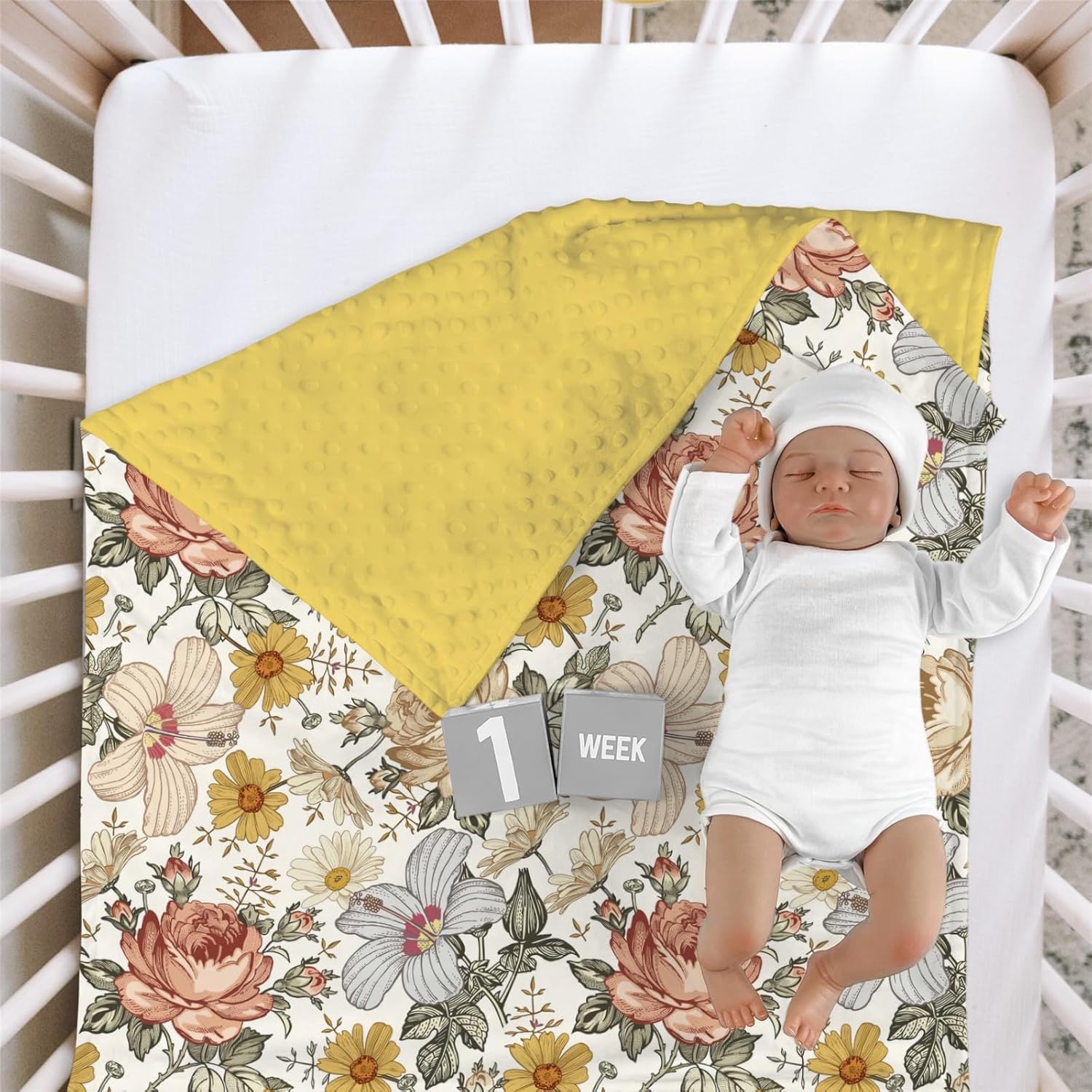 Retro Boho Peony Floral Mink Baby Blanket with Dotted Backing