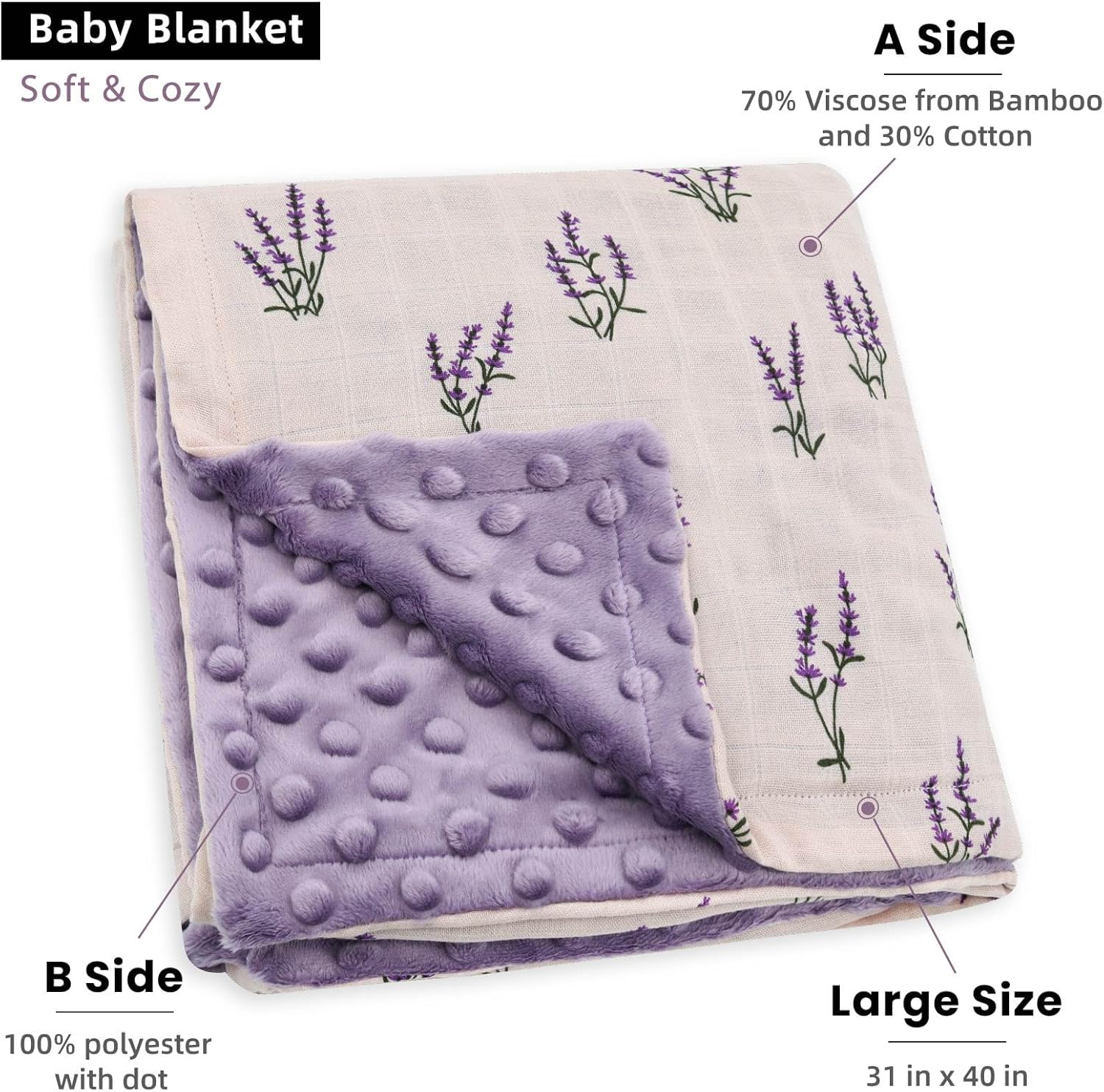 LifeTree Baby Blanket - Soft Double Layer Swaddle Lavender 31x40 Inches