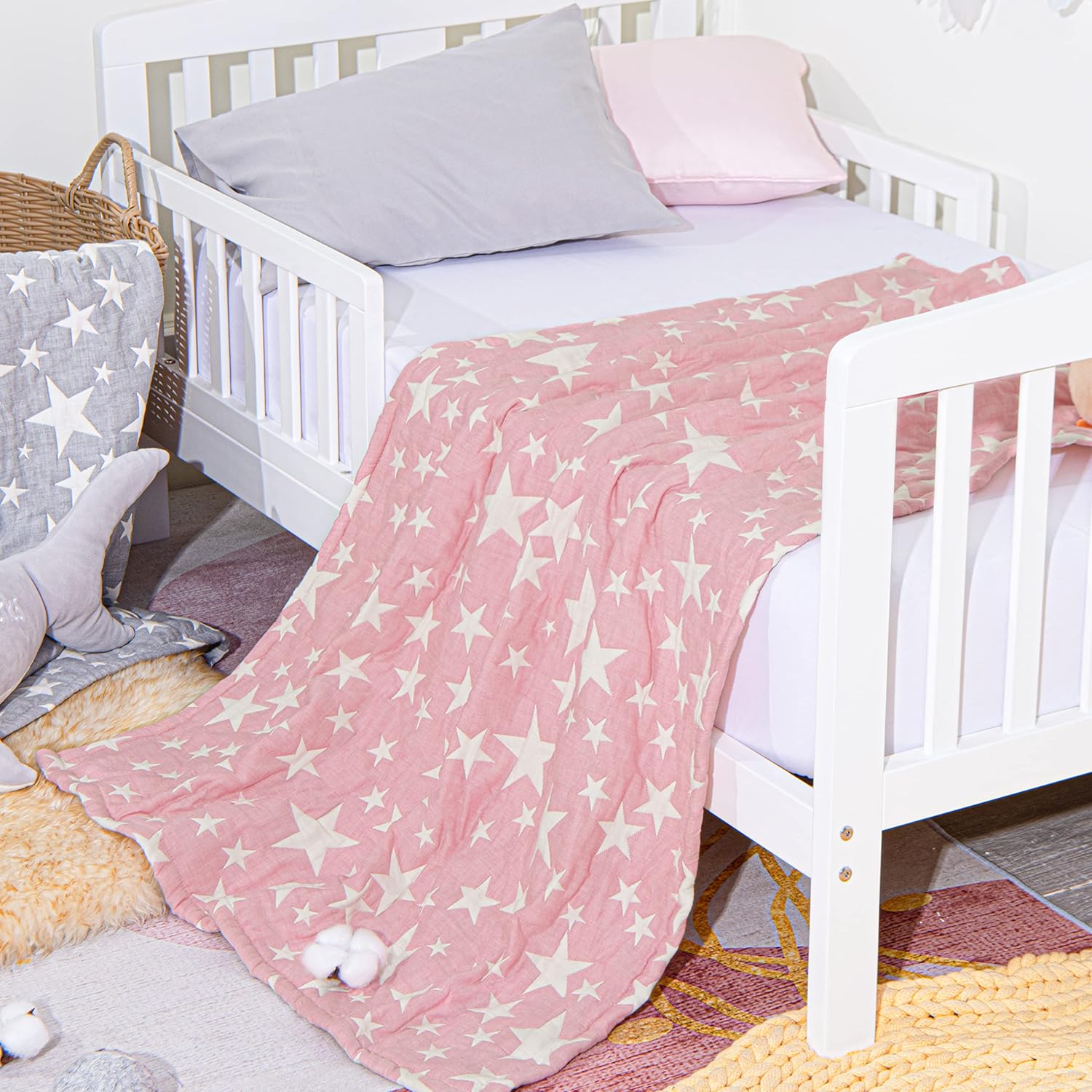 NTBAY 3 Layer Toddler Blanket Lightweight Thermal Blanket Pink Star Design