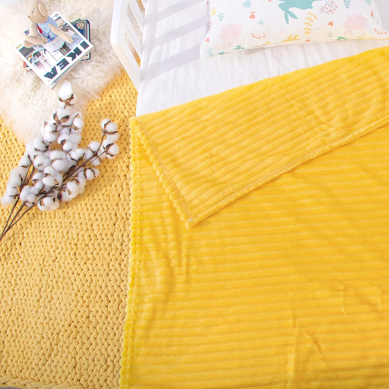 NTBAY Flannel Fuzzy Toddler Blanket Reversible Stripes Design 30 x 40 Inches Yellow