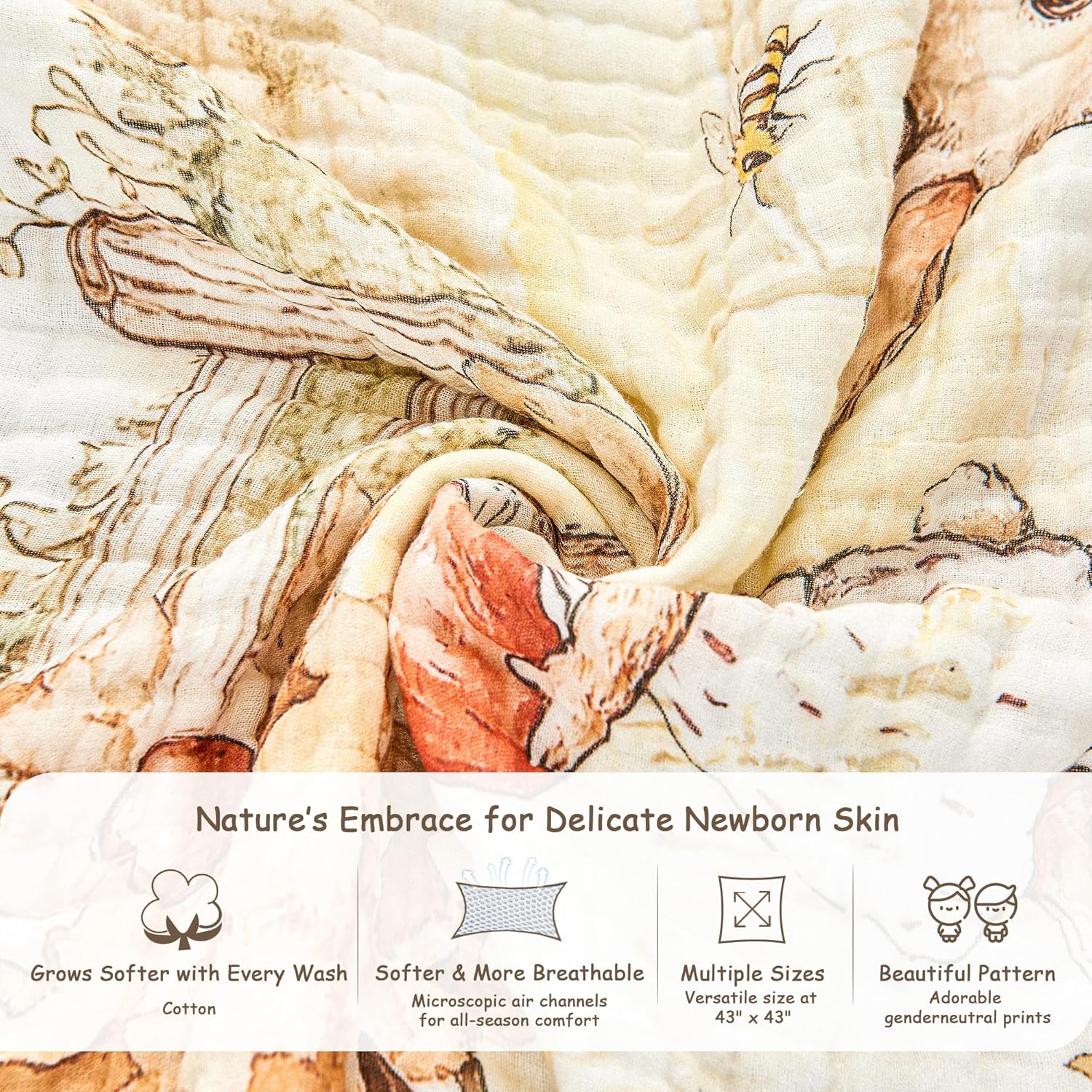 ROSE FEATHER 6-Layer Muslin Baby Blanket with Rabbit Print