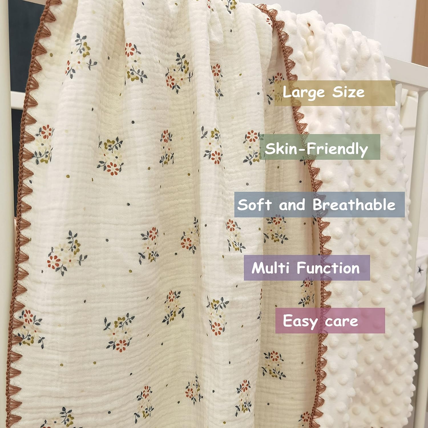 40x40 Inch Cotton Muslin Blanket with Dotted Backing