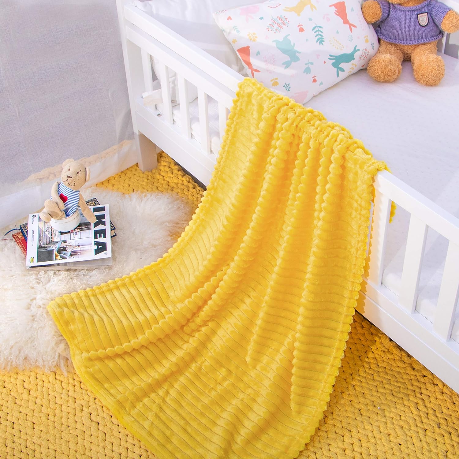 NTBAY Flannel Fuzzy Toddler Blanket Reversible Stripes Design 30 x 40 Inches Yellow